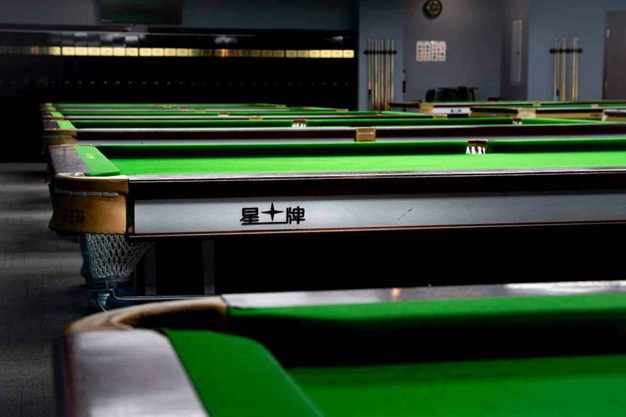 Tournament table detail at iCUE Billiard Club